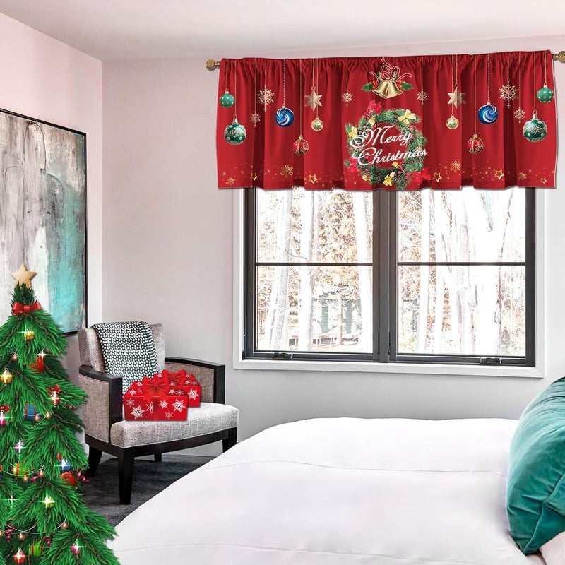 SUNWISHA Christmas Wreath Curtains Valance for Kitchen Window Decor 52 x 18 Inch Red - Image 3